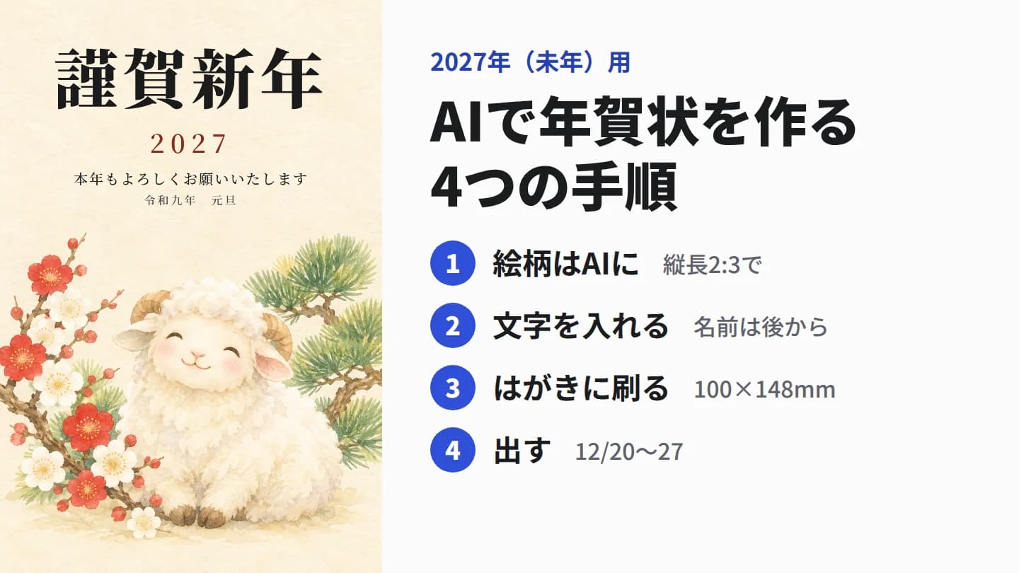 AIで作った羊の絵柄の年賀状と、絵柄、文字、印刷、投函の4つの手順の一覧