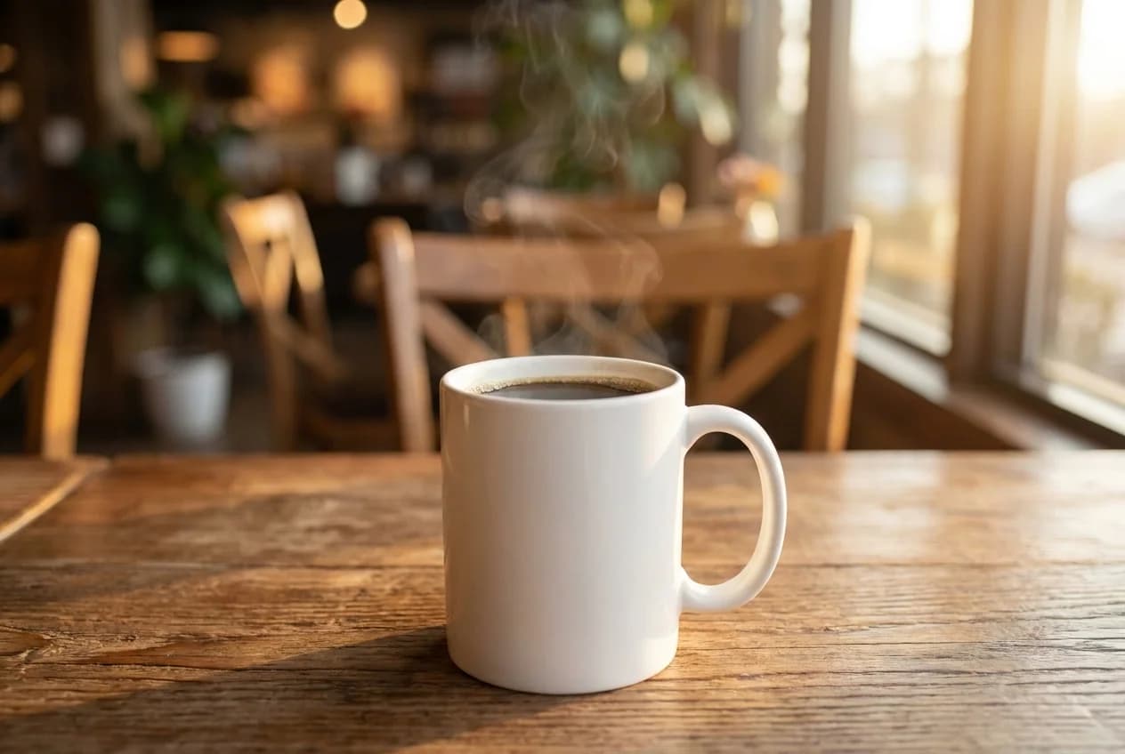 木のテーブルに置いた、コーヒー入りの白いマグカップの写真(Nano Banana Pro で作成)