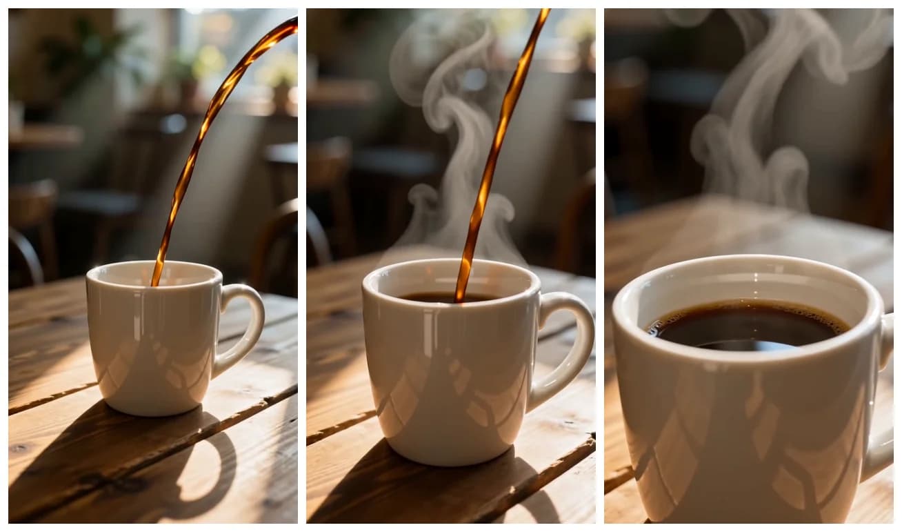 コーヒーが注がれて湯気が立つ白いマグカップの、縦長の動画から取り出した 3 つのコマ(Seedance 2.0 で作成)