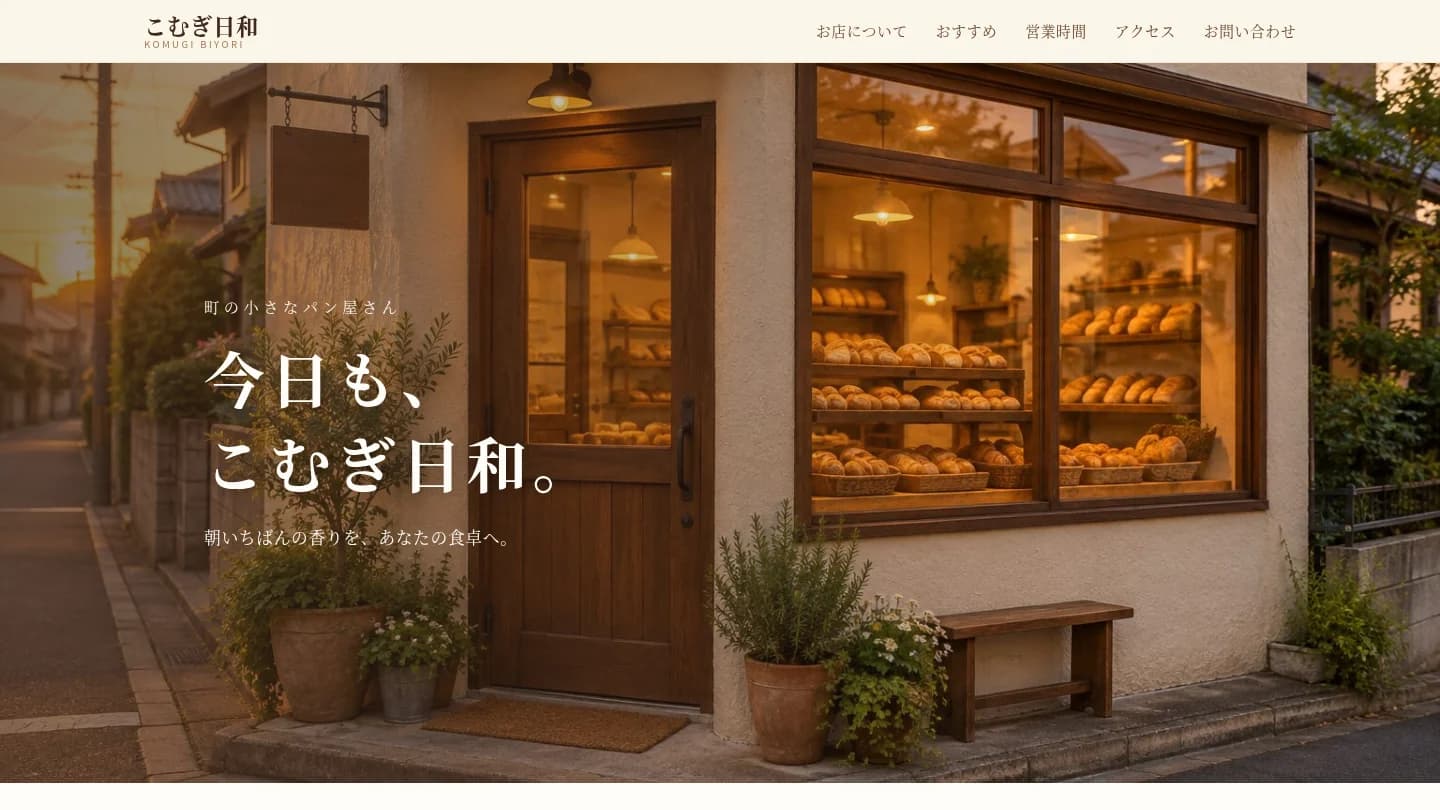 クリーム色と茶色でまとめた、架空のパン屋「こむぎ日和」の Web サイトの画面(PC の幅)