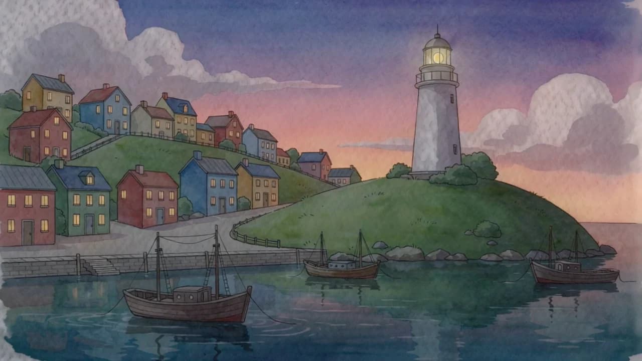 昼から夕暮れへ移り変わる途中の、灯台のある港町の水彩画風のイラスト(Ray 3.2 で作った動画のコマ)