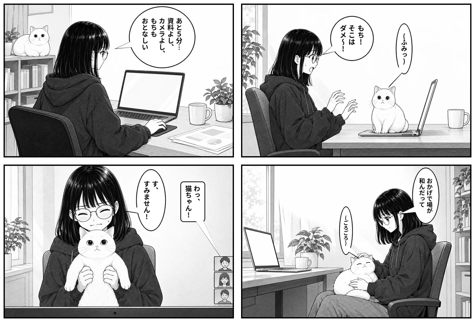 在宅で働く架空の会社員と白い猫が登場する、白黒の 4 コマ漫画