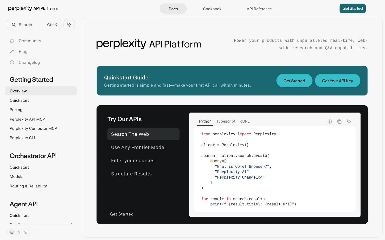 Perplexity API Platform のドキュメントのトップページ。「Quickstart Guide」の案内と、Search API を呼び出すコードの例が並ぶ