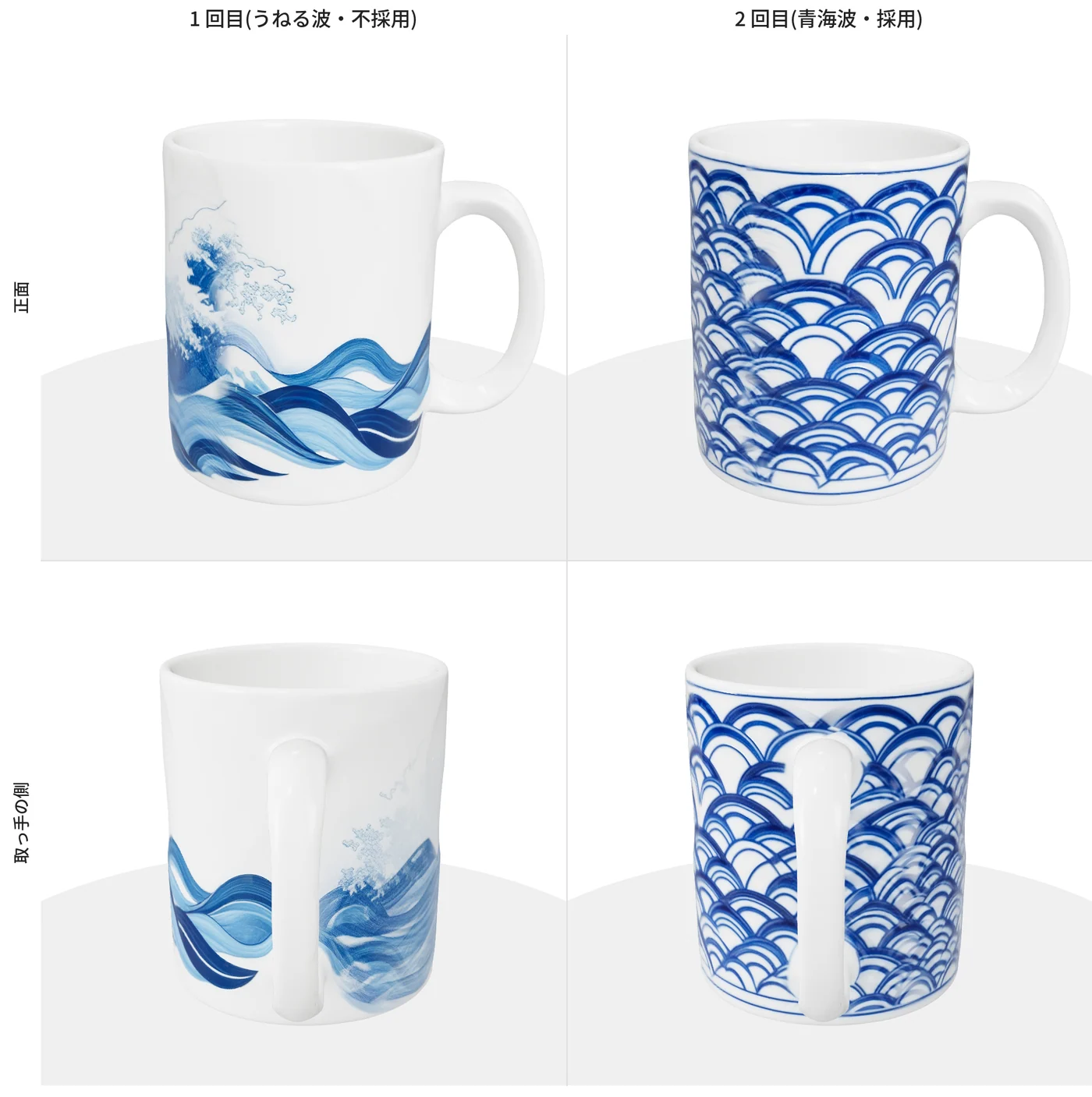 1 回目のうねる波の絵と、2 回目の青海波の模様を、同じ向きで並べた画像