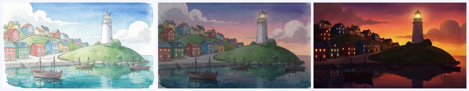 Ray 3.2 で、昼の絵を最初の場面、夕暮れの絵を最後の場面にして作った動画(1280×720・24fps・約 5.0 秒)。左から 0.3 秒・2.5 秒・4.7 秒のコマ Ray 3.2 で、昼の絵から夕暮れの絵へ移り変わる動画の 3 つのコマ