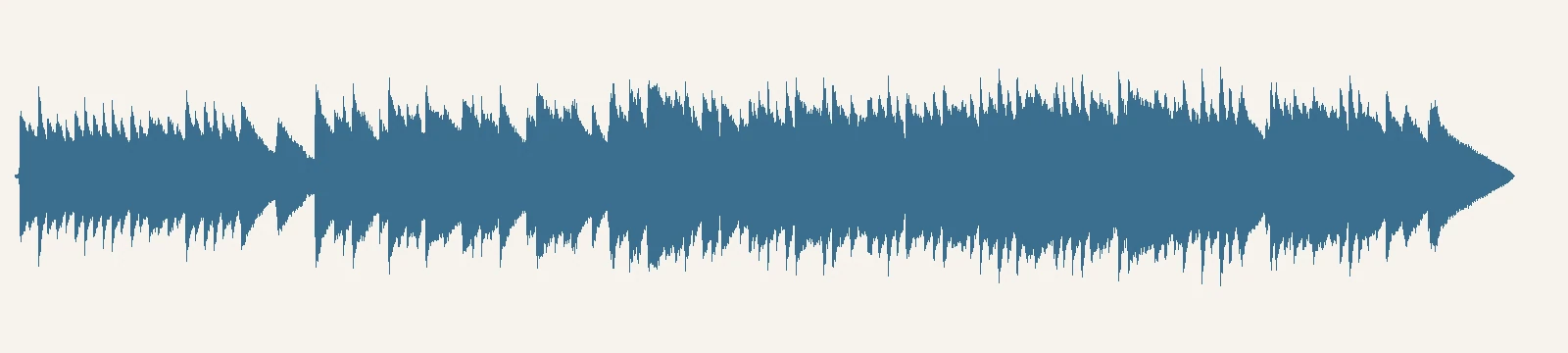 Lyria 3.5 で作ったカフェの BGM(約 62 秒)の波形。図は、できた音声のファイルから描いたもの BGM の音声の波形。最後は音が小さくなって終わる