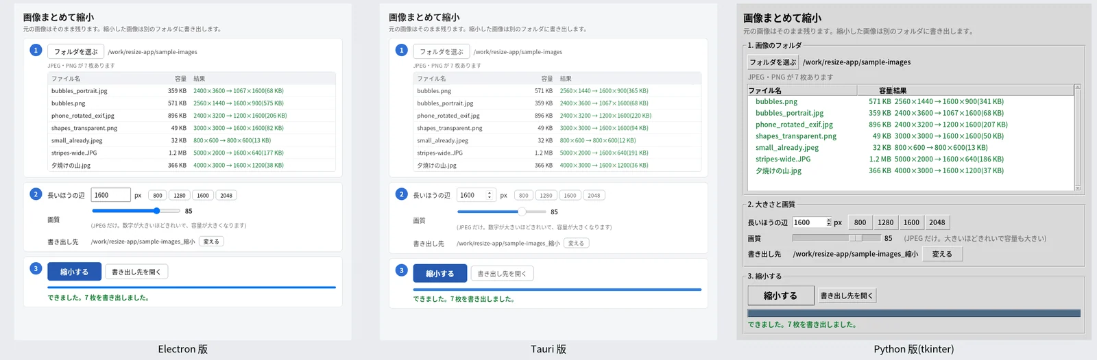 3 つの画面(左から Electron 版・Tauri 版・Python 版)。縮小し終わったところを仮の画面で撮ったもの(Claude Opus 5.5 が作成) 画像をまとめて縮小するアプリを、Electron・Tauri・Python で作った 3 つの画面。どれも 7 枚の縮小が終わっている