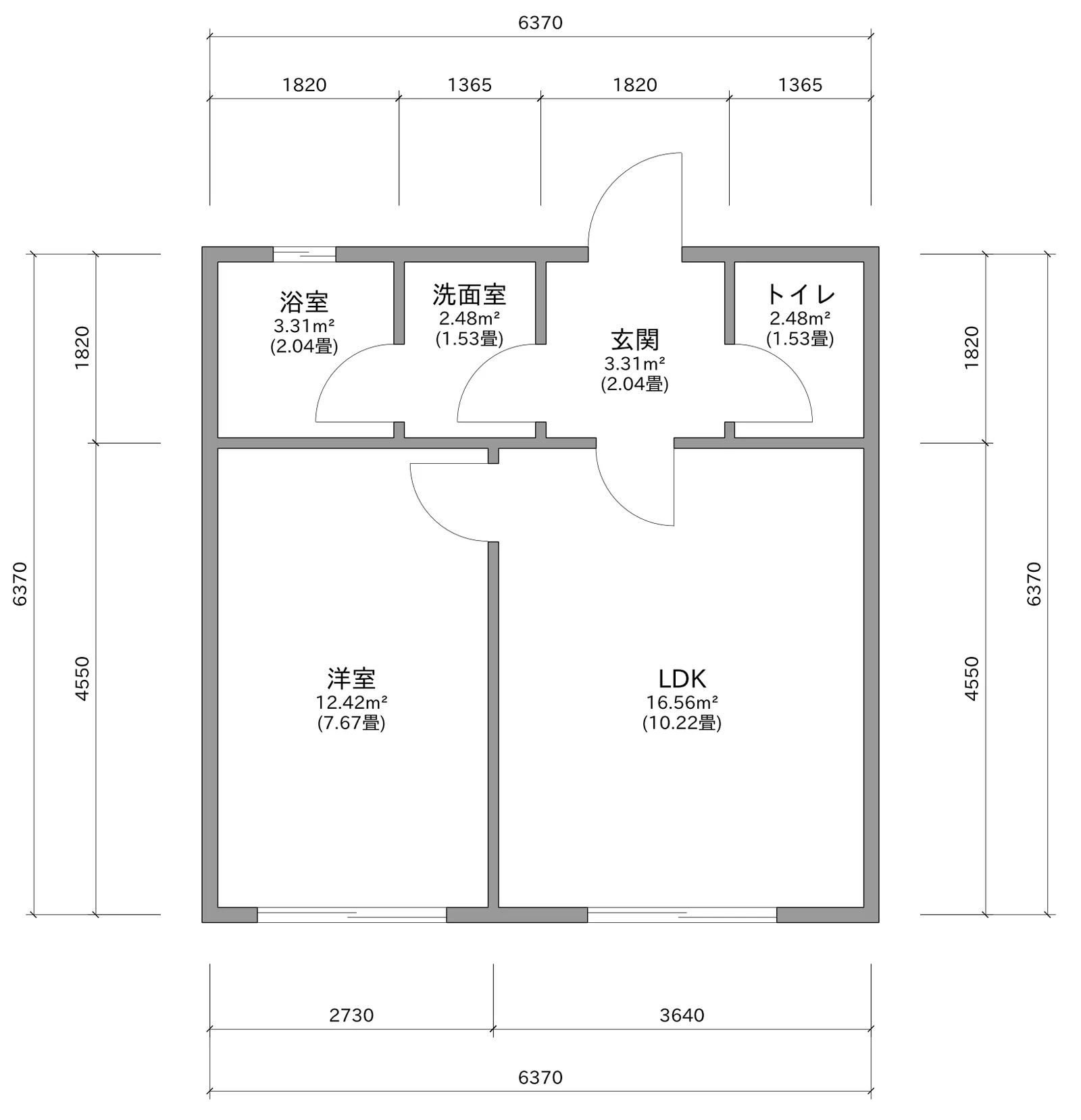 平面図の間取りの部分。壁、扉の開き、窓、寸法線、部屋の名前と広さが読める