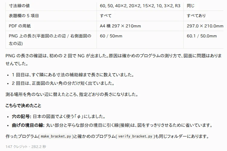 三面図の確認で、はじめの 2 回は測り方の誤りで合わなかったことを説明する答え