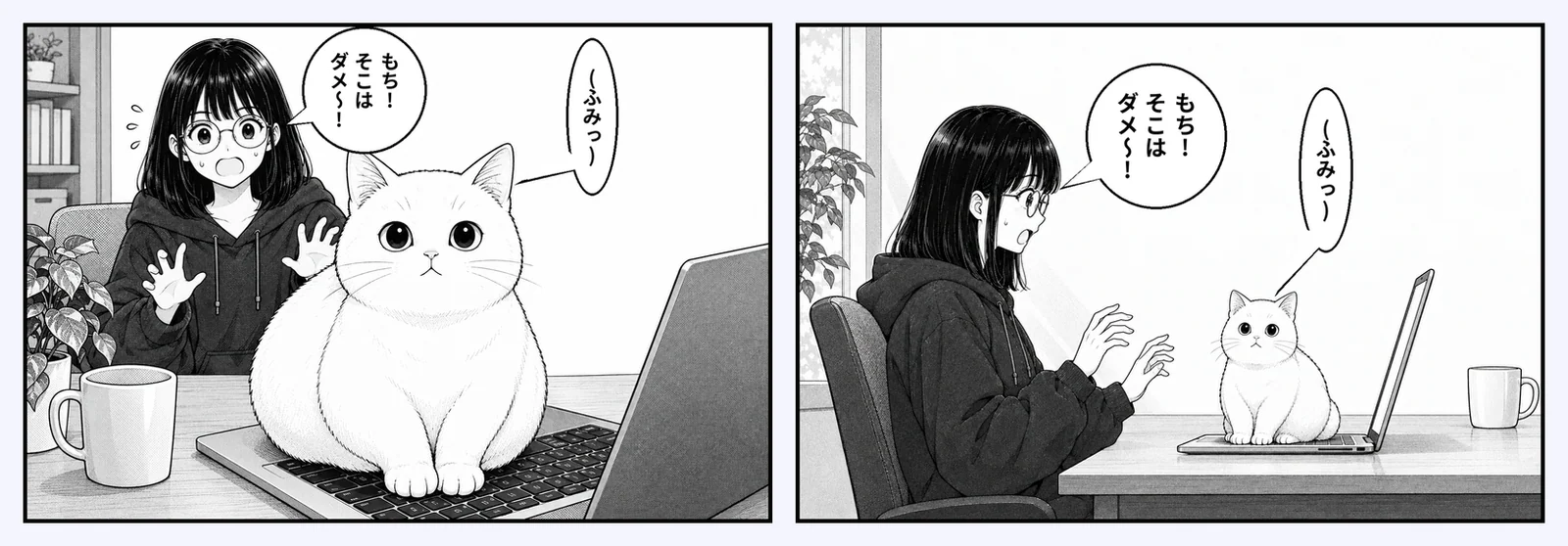 2 コマ目の、直す前(左)と直した後(右)。真横から見た絵に変わり、ノートパソコンは 1 台になり、もちの大きさもほかのコマに合った 2 コマ目の、直す前と直した後の絵
