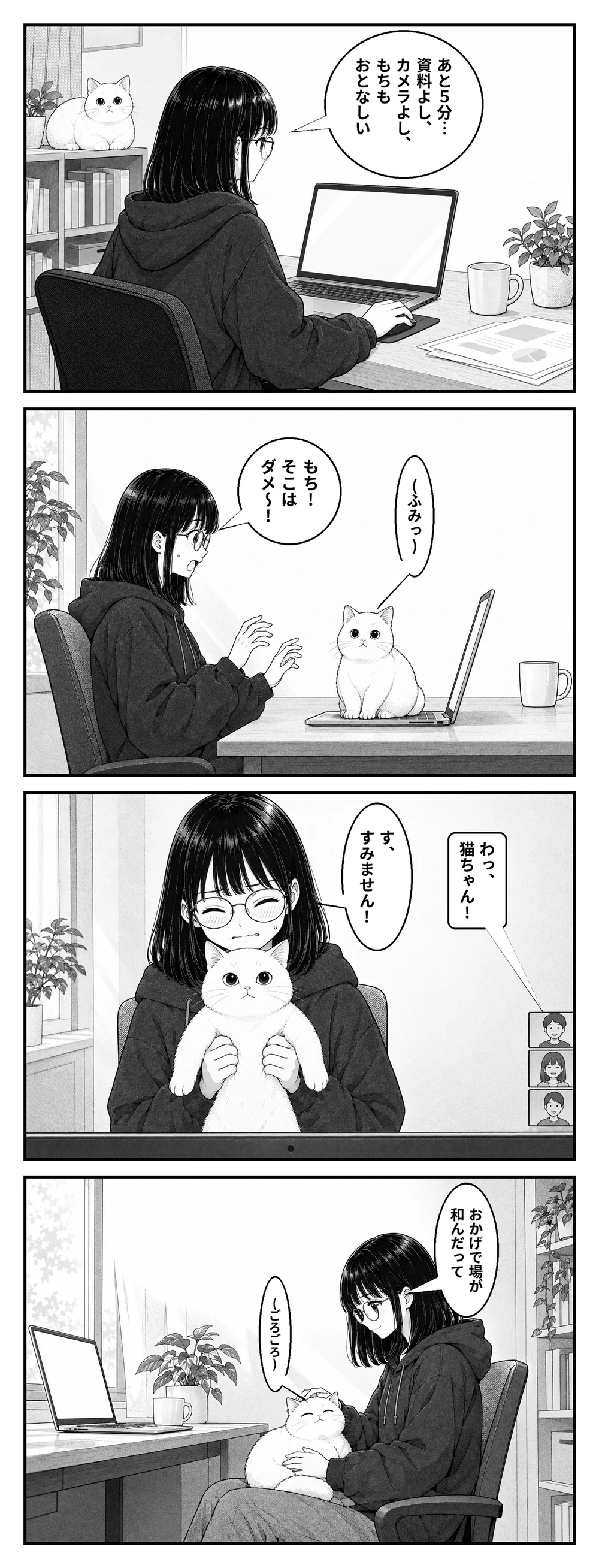 できあがった 4 コマ漫画「会議の前に」。絵は GPT-Image-2.5 Flare、吹き出しとセリフは YOBITSUGI AI がフォントで重ねたもの できあがった、縦に 4 コマが並んだ白黒の漫画