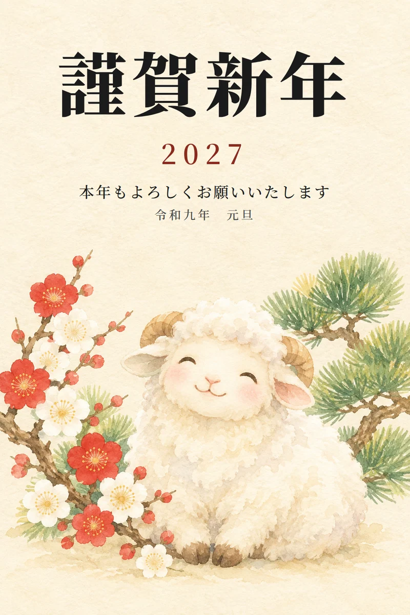 手順1の絵柄に、あとから文字を重ねた見本。文字はフォントで入れた 手順1の文字なしの羊の絵柄に、あとから「謹賀新年」「2027」「本年もよろしくお願いいたします」「令和九年 元旦」を重ねた年賀状の見本