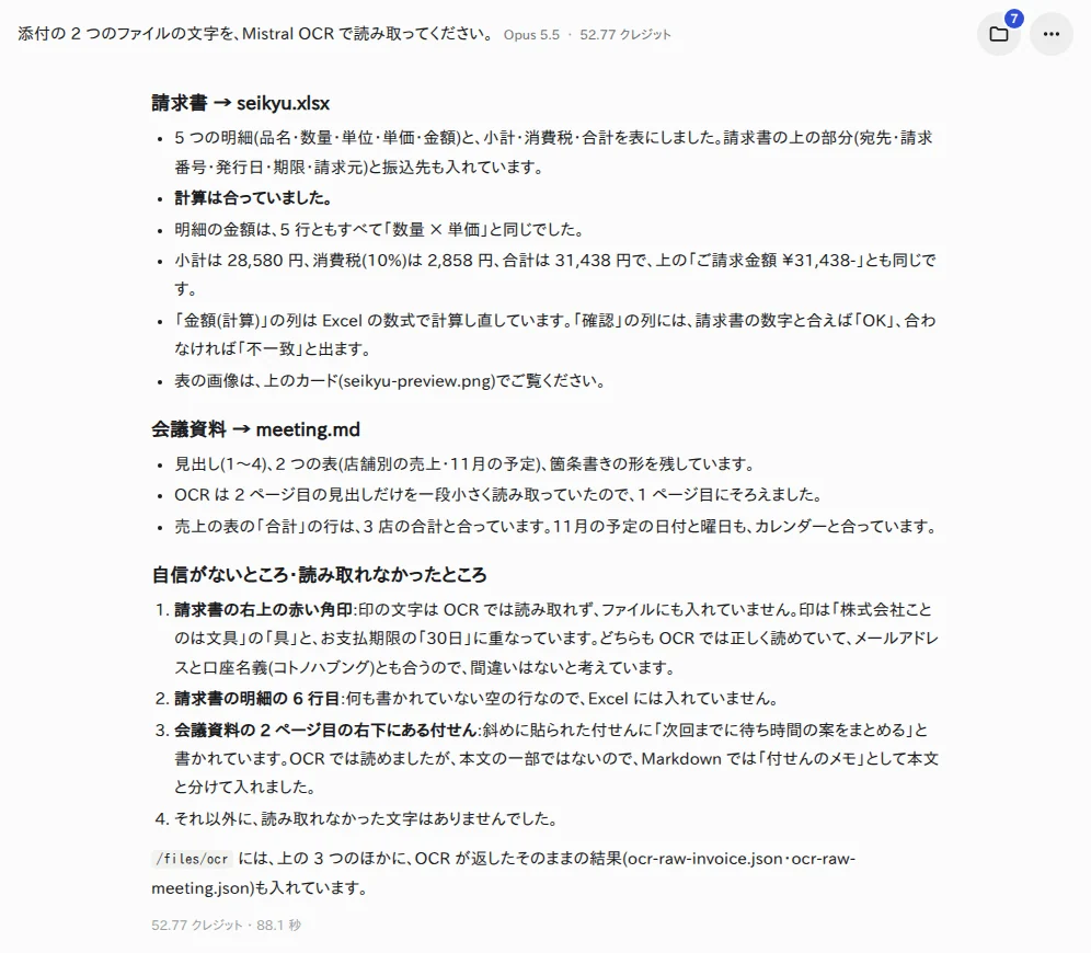 Claude の報告。角印・空の行・付せんのメモの 3 つを、場所つきで挙げている Claude の報告の画面。請求書と会議資料のそれぞれについてやったことと、自信がないところ 3 つが並ぶ
