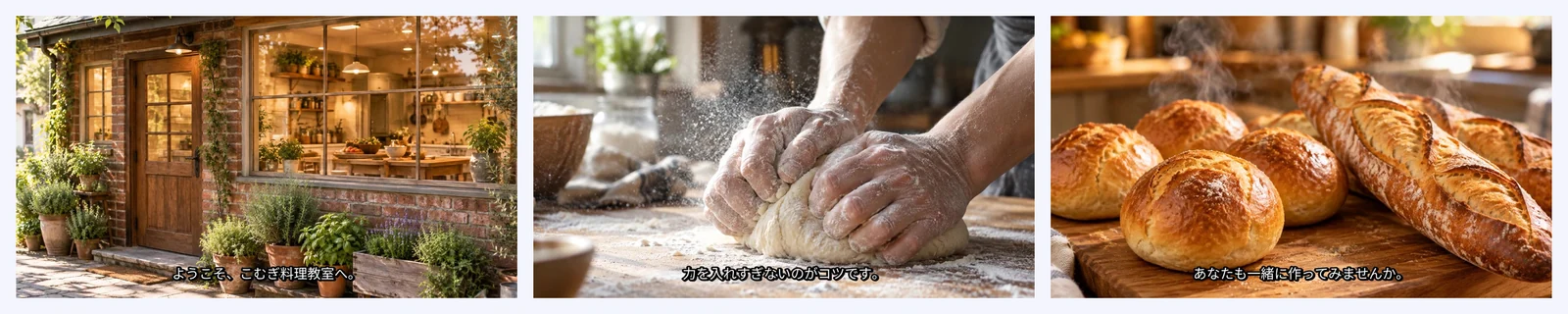 横長(1920×1080)の完成版のコマ。絵は GPT-Image-2.5、字幕は ffmpeg で焼き込んだもの 横長の動画の 3 つのコマ。それぞれ下に日本語の字幕が出ている