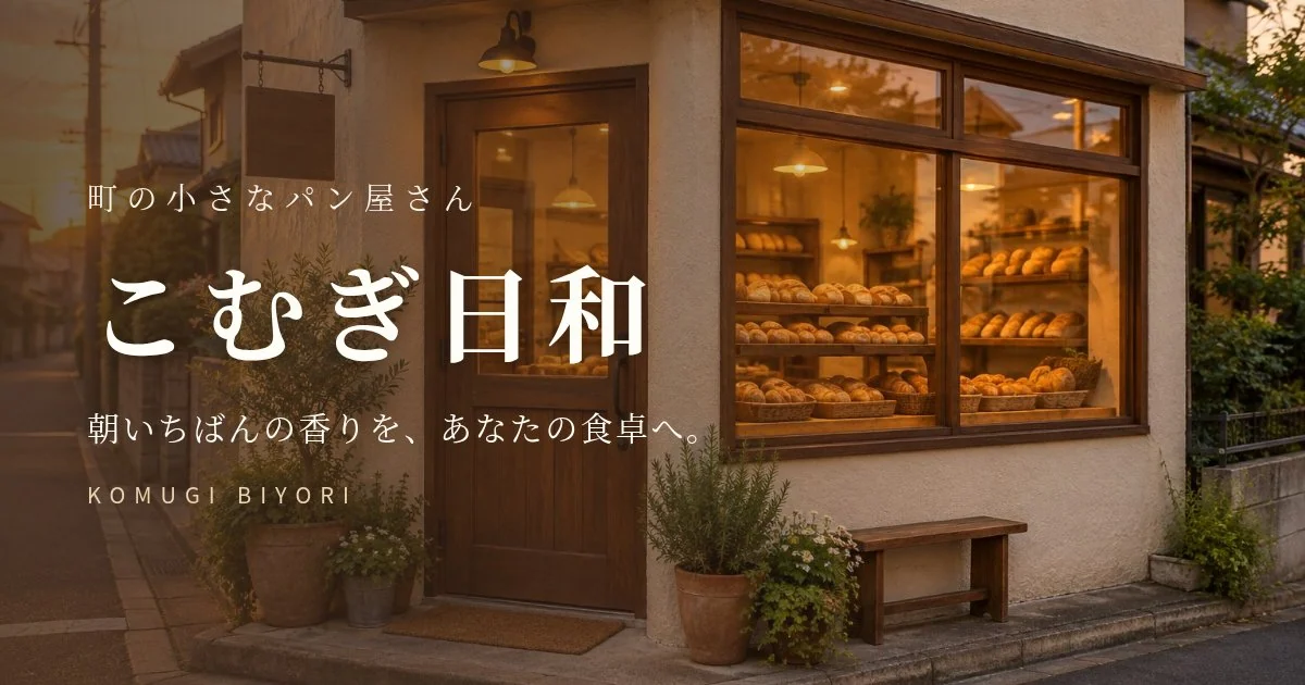 お店の外観の写真に「こむぎ日和」の店名を重ねた、共有用の画像